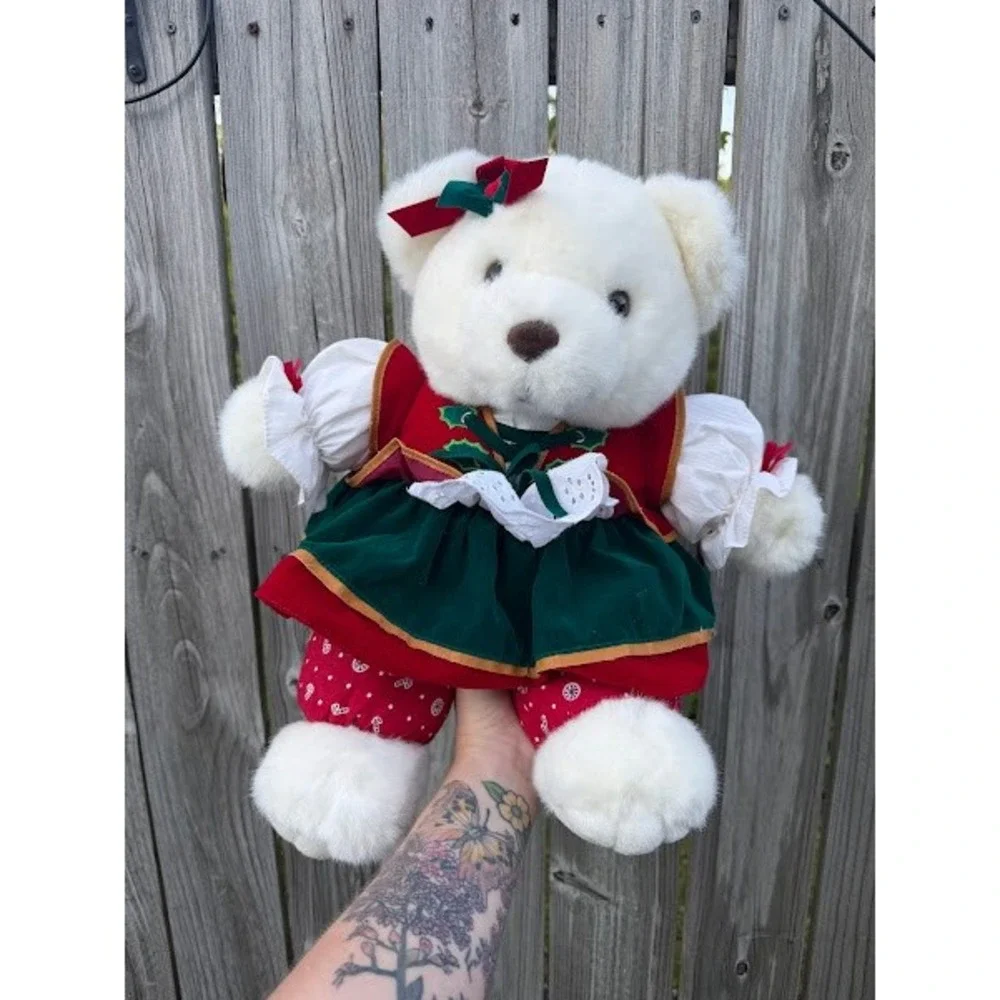 Vintage 1995 Santa's‎ Best White Teddy Bear Christmas Holiday Plush Velvet Dress